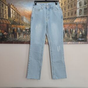 Avec Lesi Filles/Anthropologie Distressed Straight Leg Jeans With Split Hemline